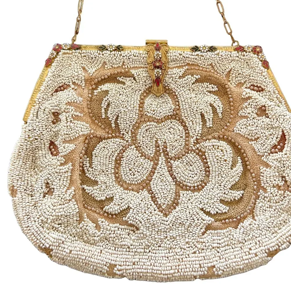 Vintage 1940s 1950s Beaded Evening Purse Gold Frame Chain Floral Bridal Bag